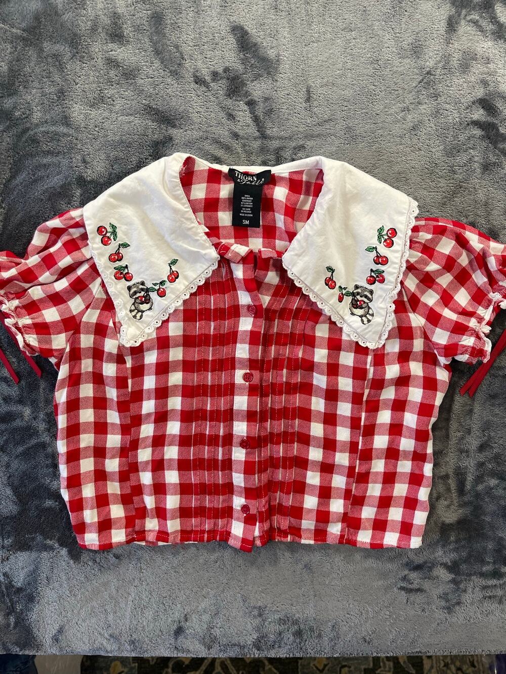 Thorn & Fable Statement Collar Embroidered Gingham Cottagecore Top S/M